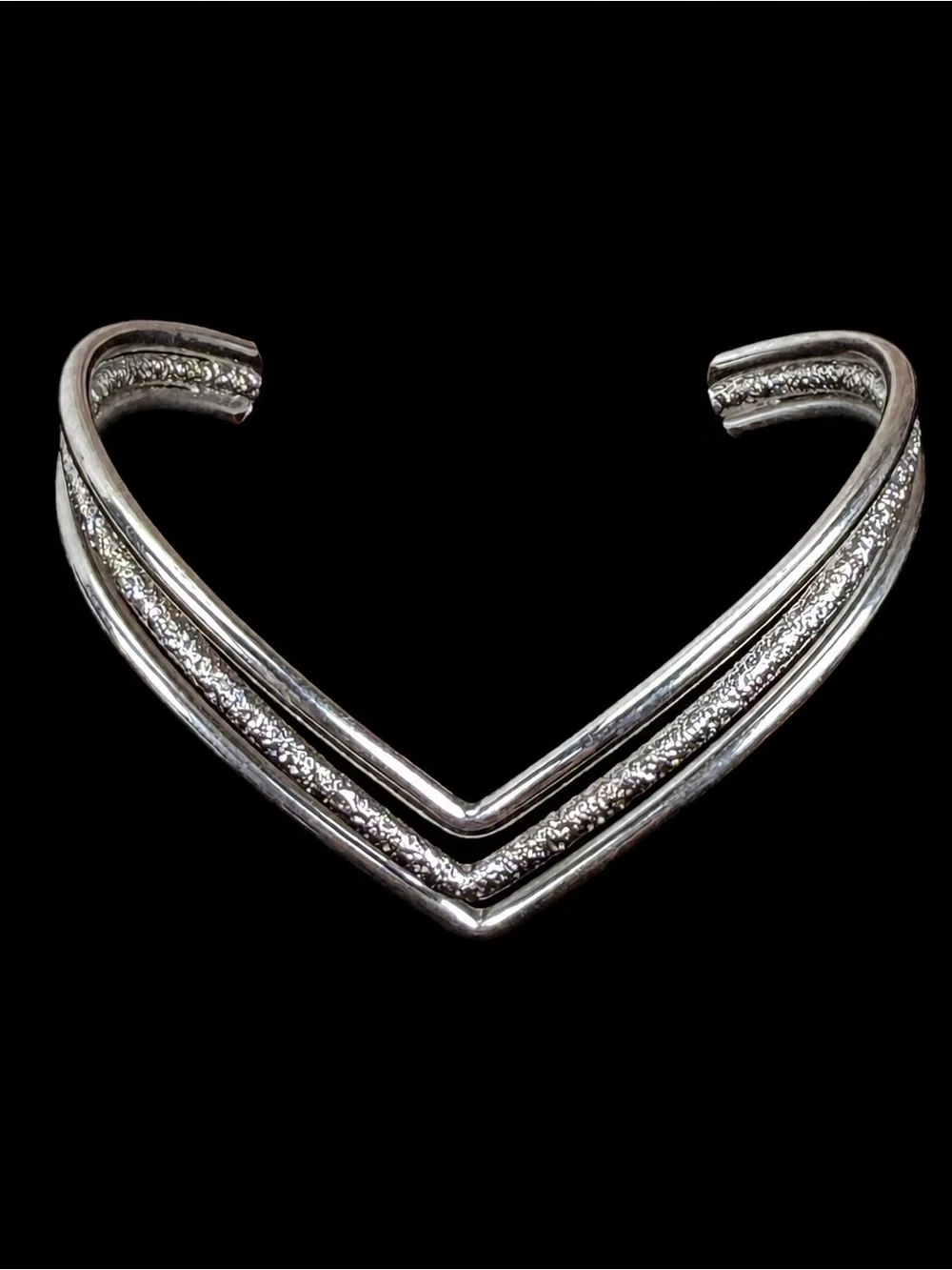 Vintage Silvertone Double V Open Cuff Bracelet Textured Statement Jewelry